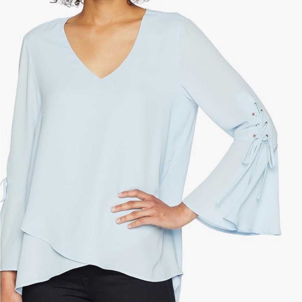 Karen Kane Women's Split Tie Sleeve V-Neck Top XL Sky Blue High Low Hem USA Made